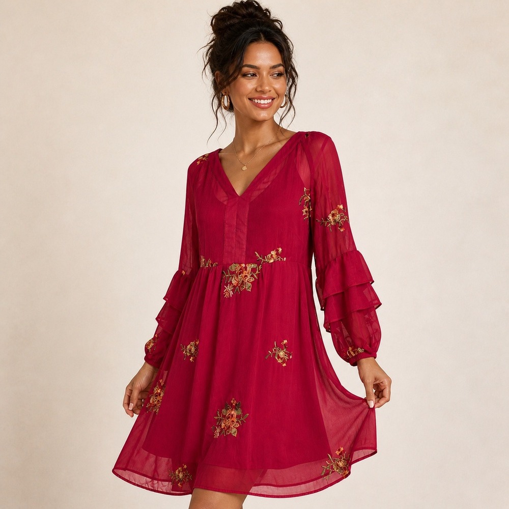 Figueroa & Flower Dress Red Embroidered Floral Ruffle Sleeve Boho Mini Medium